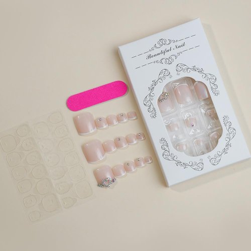 ANDGING French Tip Press on Toenails for Women White Square Toe Nail Press ons Classy Heart Rhinestone Acrylic Toe Press on Nails Natural Toenail Fake Toe Nails Designs Glue on Toe Nails for Wedding