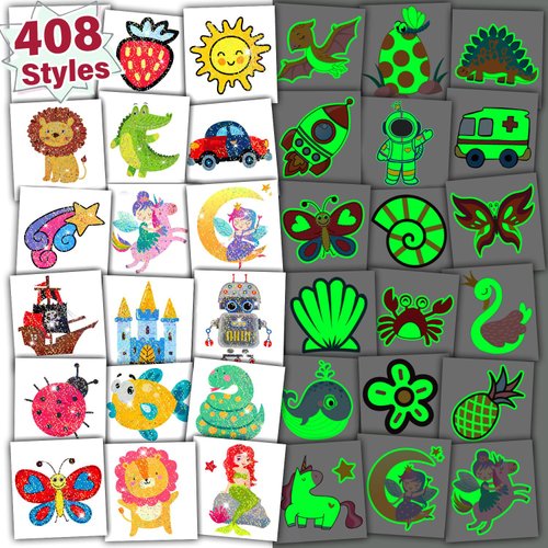 Partywind 408 PCS Temporary Tattoos for Kids, Glow and Glitter Fake Tattoo Stickers for Boys Girls Party Supplies Favors, Cute Goodie Bag Stuffers for Children (Individually Wrapped Sheet)