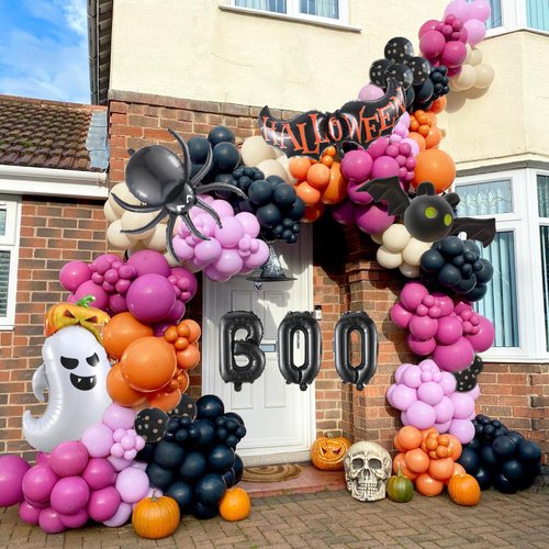 162pcs Halloween Balloons Garland Arch Kit,Black Orange Purple White Sand Balloons,Huge Spider Boo Ghost Bat Foil Balloons for Halloween Decorations Halloween Party Decorations Supplies