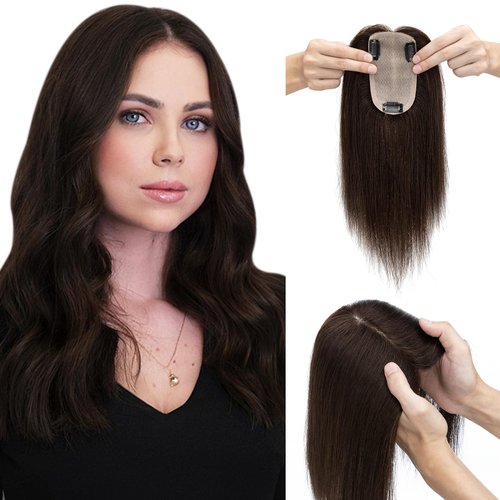 Elailite Hair Toppers for Women Real Human Hair Free Parting for Thinning Hair Clip in Hair Pieces for Hair Loss Cover Gray Fine Hair 10 Inch #2 Dark Brown