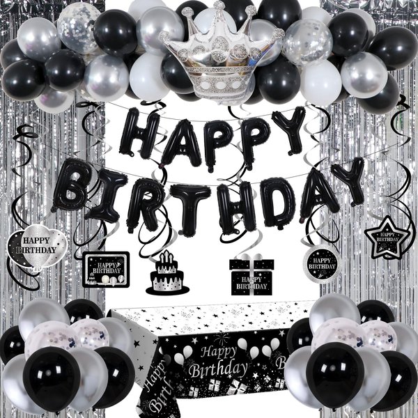 Black and Silver Birthday Decorations for Men Women, Happy Birthday Decorations for Boys Girls, Black and White Birthday Party Decorations Foil Balloons Fringe Curtains Tablecloth Hanging Pendant