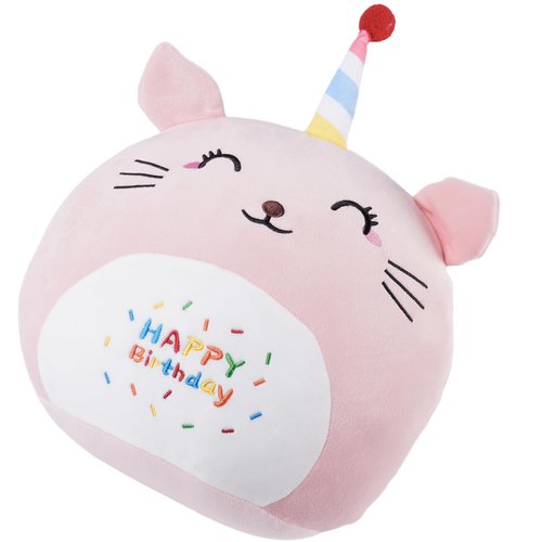 12 Inch Plush Birthday Cat Kitty Stuffed Animal Happy Birthday Cat Hugging Pillow Birthday Cat Plushies Throw Pillow Birthday Pink Cat Kitten Anime Gift for Kids and Lovers