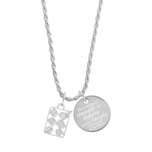 Delight Jewelry Silvertone 3-D Eye shadow Makeup Palette She is Clothed in Strength and Dignity Charm Necklace, 20"+3"