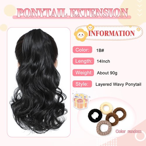 Cesomeey Ponytail Extension, 14 Inch Claw Clip in Ponytail Extension for women, Layered Wavy Hair Ponytail Extension, Soft Natural Looking Synthetic Hair Piece for Women (1B#-Black, 14Inch)