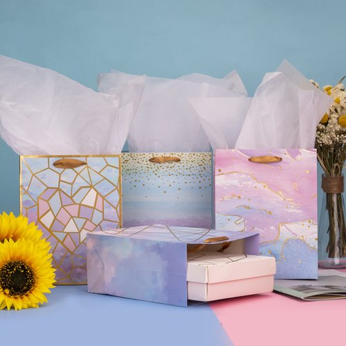 Loveinside Medium Size Gift Bags-Colorful Marble Pattern Gift Bag with Tissue Paper for Shopping, Parties, Wedding, Baby Shower, Craft-4 Pack-7" X 4" X 9"