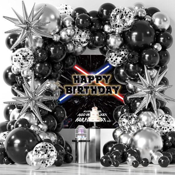 177PCS Star Themed Backdrop with Balloons Arch Kit for Boys Kids Birthday Party Universe Wars Background Galaxy Themed Photography Birthday Party Supplies Cake Table Decorations