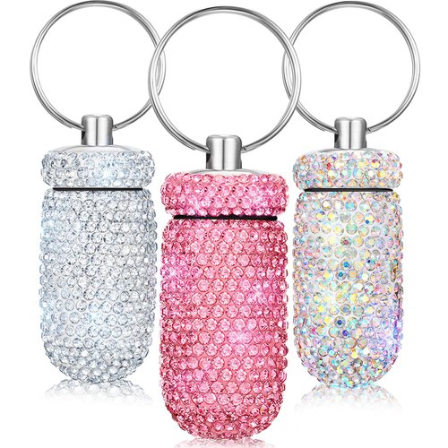 3 Pieces Bling Pill Container Portable Pill Bottle Case Travel Pill Holder Storage with Keychain for Outdoor Camping Traveling (White, Pink, AB Color)