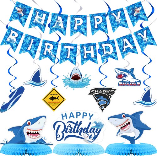 28 Pieces Shark Party Supplies Set Includes 12 Pieces Hanging Swirls Shark Happy Birthday Banner ...
