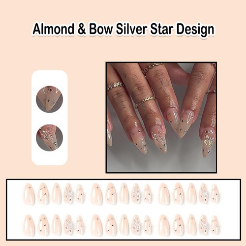 ANDGING Almond Press on Nails Nude Short Medium Fake Nails with Bow Silver Star Design Acrylic Gel Glue on Nails for Women Ombre False Nails with Glue Stick on Nails for Wedding Birthday 24Pcs KRT288