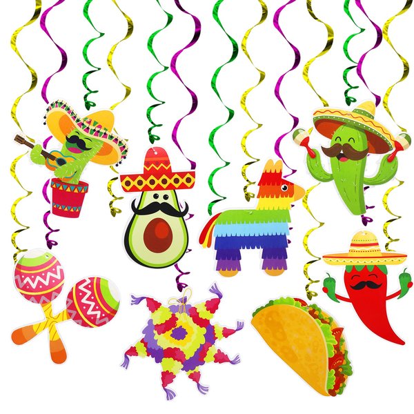 Summer Beach Hanging Swirls, 28Pack Mexican Fiesta Hanging Swirl Decorations, Cinco De Mayo Party Supplies, Taco Twosday Birthday Theme, Taco Party Ceiling Decorations