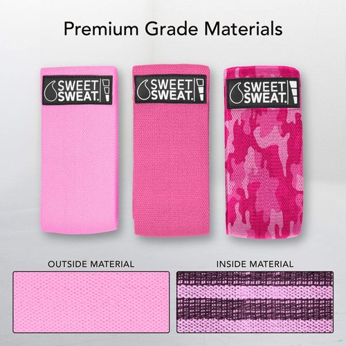Sweet Sweat Hip Bands with 3 Levels of Resistance | Non-Slip Fabric Booty Bands for Squats & Lunges | Includes Free Mesh Carrying Bag (Pink)