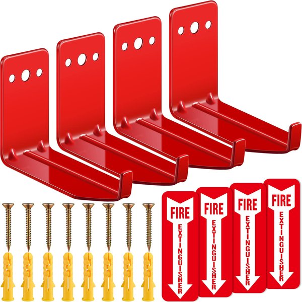 Fire Extinguisher Holder for 5-40 lb Fire Extinguisher Wall Mount with Screws, Gaskets, Self Adhesive Safety Sticker Sign Fire Extinguisher Mount Wall Hook Hanger for Universal Extinguishers (4 Pcs)