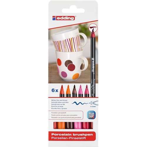 edding 4200 porcelain brush pen - 3x red, orange, brown, pink - 6 pens - brush nib 1-4 mm - felt-nib pen for painting and decorating ceramics, porcelain - dishwasher-safe, lightfast ink, quick-drying