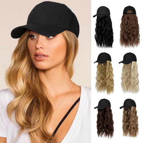 Lansigreen Hat Wig for Women Baseball Cap with Hair Extensions Adjustable Hat Attached 24" Long Wavy Hairpieces Synthetic Wig Ash Blonde Mix Bleach Blonde