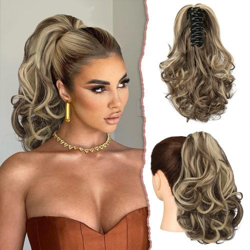 SOFEIYAN Ponytail Extension 11" Claw Clip Ponytail Hair Extensions Long Curly Wavy Ponytail Fluffy Clip on Pony Tails Synthetic Hairpiece for Women，Dark Brown