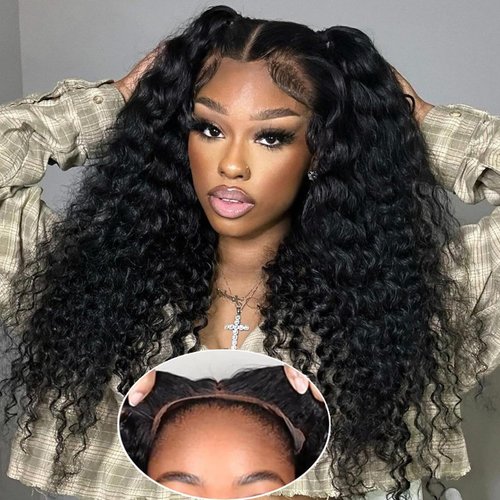 Wear And Go Glueless Wigs Human Hair Pre Plucked Pre Cut 13x4 Deep Wave Lace Front Wigs Human Hair Upgraded Glueless Wig Ready To Wear Glueless Curly Wigs For Black Women (Black, 20 Inch)