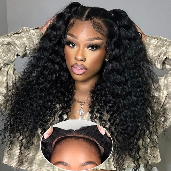 Wear And Go Glueless Wigs Human Hair Pre Plucked Pre Cut 13x4 Deep Wave Lace Front Wigs Human Hair Upgraded Glueless Wig Ready To Wear Glueless Curly Wigs For Black Women (Black, 20 Inch)