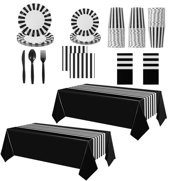 Remagr 154 PCS Black and White Disposable Dinnerware Set Black and White Party Supplies Striped Tablecloth Black and White Stripe Table Cover Plates Cups Napkins, Knives Forks Spoons (Black)