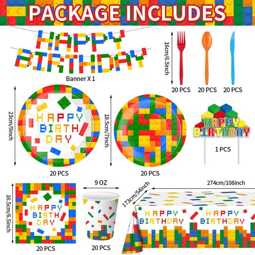143 pieces building blocks party supplies, colorful building blocks party decorations including plates and napkins, forks, tablecloths, etc. for boys, girls building blocks birthday party decorations