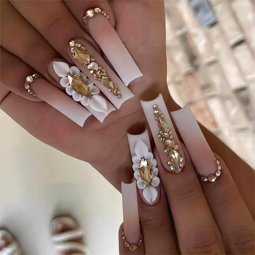 Vokupoga Coffin Press on Nails Long Fake Nails Pink White Ombre False Nails with Gold Rhinestones Designs Matte Acrylic Artificial Nails Summer Luxury Glue on Nails Natural Stick on Nails for Women