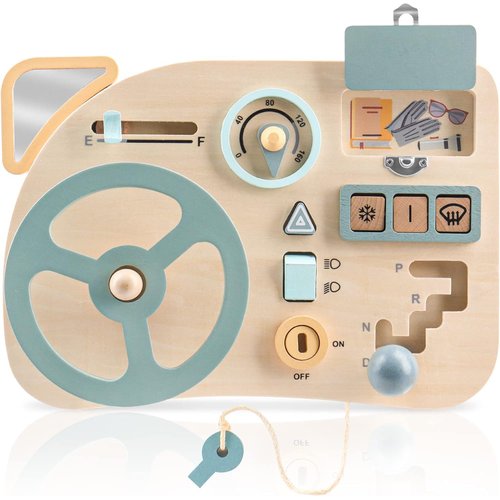 Montessori Busy Board Toy for Toddlers, Educational Wooden Motor Skills Board, Preschool Car Driving Steering Wheel Activity, Travel Toy, Pretend Play Sensory Activity Boys and Girls