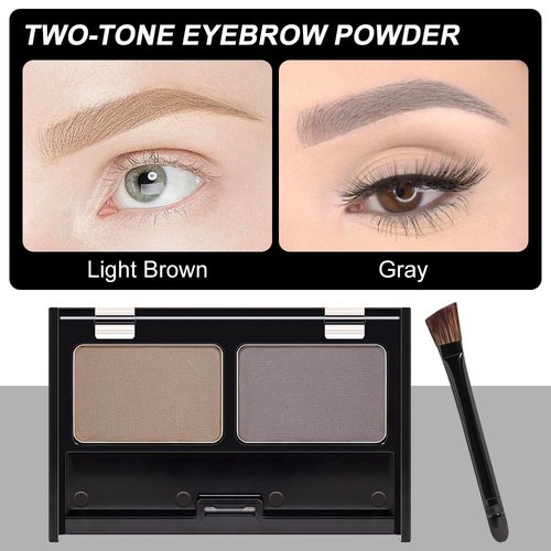 Brow Powder Kit,Long-Lasting Waterproof Two Colors Brow Filler Get Full Defined Natural Brows,Eyebrow Contour Palette with Double-ended Eyebrow Brush,sombra para cejas - Light Brown+Grey