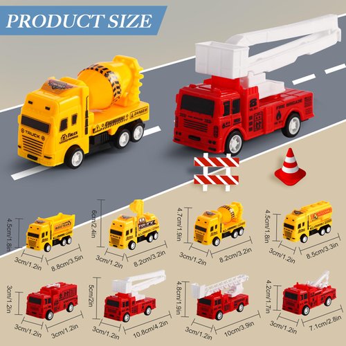 HSMQ 8 Pack Pull Back Cars Vehicle Toys Set, Fire Truck Construction Truck Model for Kids Boys Girls Toddler, Mini Pull Back Vehicles Party Favors Birthday Gift Classroom Prize Pinata Fillers