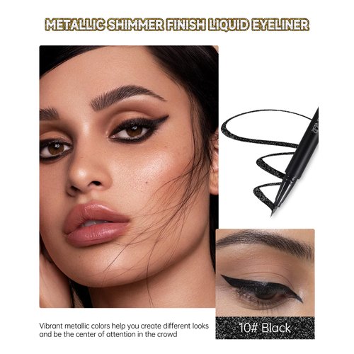 Metallic Shimmer Liquid Eyeliner, Black Glitter Eyeliner Waterproof Long-Stay 24H, Sparkling Finish Eye Liner Pen, Ultra-Fine Tip & Smooth Application, High Pigmented Smudge-Proof Makeup for Women-10