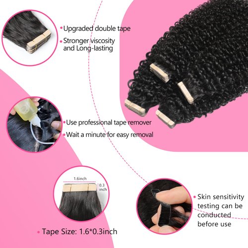 Kinky Curly Tape in Hair Extensions Human Hair 18 Inch 20pcs Tape in Hair Extensions Real Human Hair Tape in Extensions for Black Women Invisible Double Sided Tape Ins Natural Hair