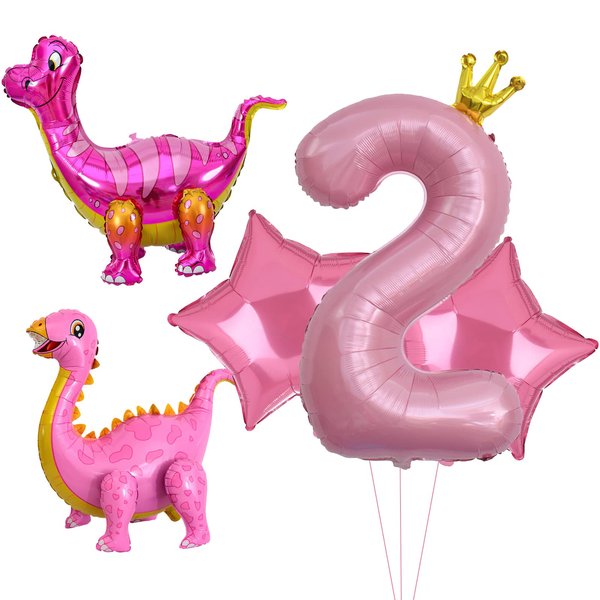 5pcs Pink Dinosaur Balloons, Girl Dinosaur Birthday Number Mylar Foil Balloon Pink Dinosaur 2nd Birthday Party Supplies Decorations (2nd)