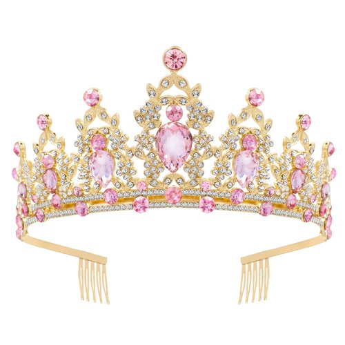 Gold Crown for Women, Fufuddz Pink Crystal Tiara Princess Tiaras Queen Crowns with Combs Quinceanera Birthday Bridal Wedding Prom Party Halloween Headband Christmas Hair Accessories 15th 16th