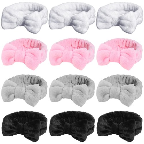 24 Pcs Spa Facial Headband in Bulk Soft Bow Makeup Headband Elastic Towel Skincare Headbands Microfiber Coral Fleece Hair Band for Washing Face Women Skincare Mask Yoga Sports Shower, 4 Colors