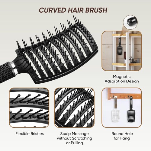 Kertiberif 2 Pack Curved Vented Detangling Brush for Wet and Dry Hair, Paddle Styling Hair Brush for Faster Blow Drying, Detangler Brush for Women Men Curly Thick Hair