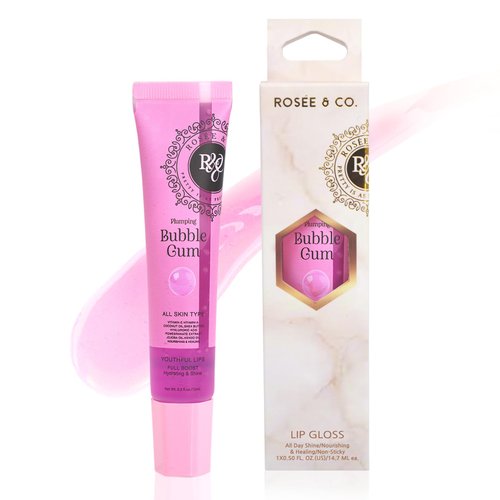 ROSÉE & CO Rosee Lip Gloss Vegan & Cruelty Free Treatment, Long Lasting Glossy with Shea Butter, Moisturize, Protect & Smooth - Clear (h.Bubble Gum Plumping)