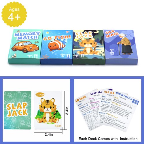 Card Games Old Maid, Go Fish, Slap Jack and Memory Classic Games - 4 Decks in 1 Pack, Fun Card Games for Kids Toddlers, Fun Kids Playing Cards, Easter Basket Stocking Stuffers for Boys and Girls