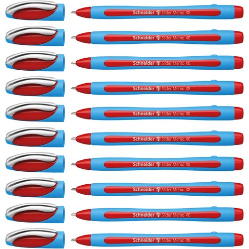 Schneider Slider Memo XB (Extra Broad) Ballpoint Pen, 1.4 mm, Light Blue Barrel, Red Ink, Box of 10 Pens (150202)