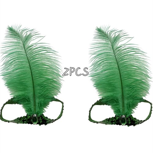XKTEI 2pcs Feather Headdress,Sequins Headband,1920s Flapper Headpiece,Carnival Party Headwear,Costume for Gatsby Theme Party,Mardi Gras Feather Headband (Green-1)