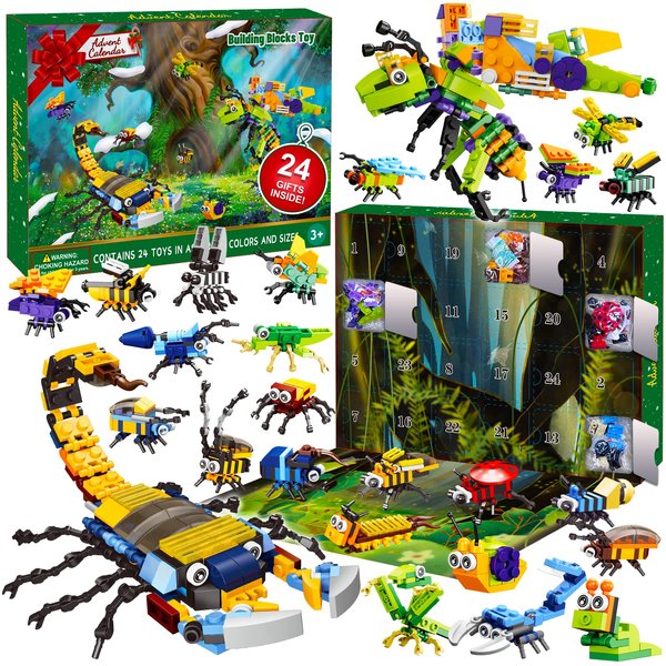 Christmas Advent Calendar 2024 with Insect Building Blocks for Kids, 24 Days Christmas Countdown Calendars 12 In 1 Building Blocks Stem Toys for Boys Girls Toddler Xmas Stocking Stuffers Holiday Gifts