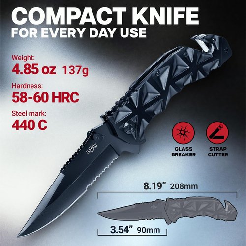 GOOD WORKER Black Pocket Knife - Serrated Sharp 3.5" Blade - Spring Assisted Tactical Knife with Wire Cutter Glass Breaker - Cool Folding Knives for Camping Hunting - Gift for Men & Women HB 207