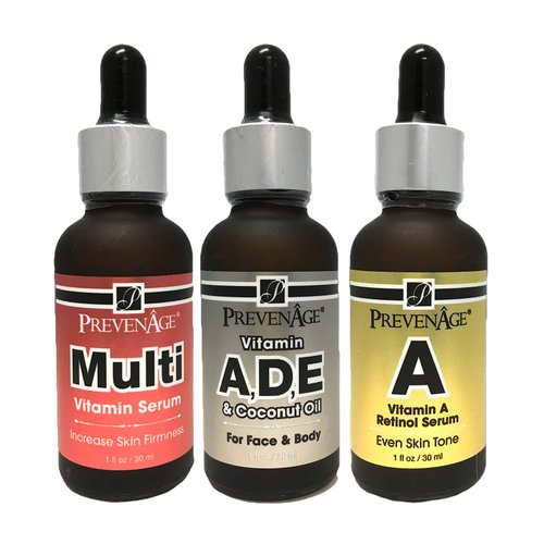 Top Vitamin Oil Set - Best 3 Serums - Vitamin A, Vitamin ADE + Coconut Oil and Multivitamins - 1 oz by Prevenage