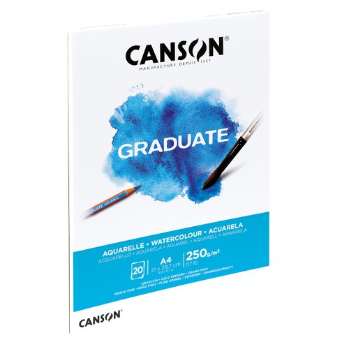CANSON Graduate Watercolour 250gsm A4 Paper, Cold Pressed, Pad Glued Short Side, 20 Natural White Sheets, Ideal for Student Artists