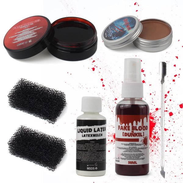 Sfx Makeup Kit Professional, Realistic Special Effects Makeup Kit with 1 Pc Fake Blood, Liquid Latex, Scar Wax, Fake Blood Gel, Spatula Tool and 2 Pcs Stipple Sponges, Washable Halloween Scar Makeup