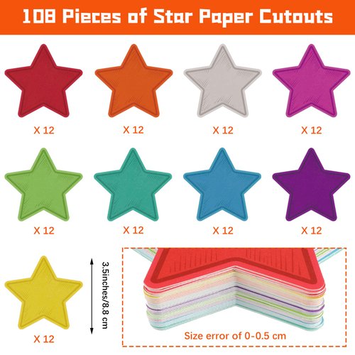 Seajan 108 Pcs Star Cutouts for Classroom Bulletin Board Chalkboard Paper Star Cutouts Decor Assorted Colors Star Accent for DIY Kids Craft School Projects Rustic Theme Party Supplies 3.5 Inch