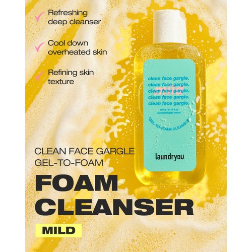 LAUNDRYOU Clean Face Gargle Gel-to-Foam Cleanser Mild - Hypoallergenic Morning Face Gel Wash, Sensitive Skin Tested, with Pine & Lactobacillus Extract, Cooling & Refreshing, 5.4 fl.oz.