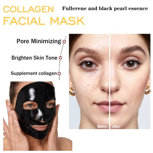 Bio-Collagen Face Mask - Deep Collagen Wrinkle Lifting Mask - Pack of 5 Black Facial Masks for Overnight Firming and Hydration - Enhanced Skin Elasticity, Infused with Collagen Essence
