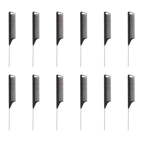 STUDIO LIMITED Carbon Pin Tail Comb Rat Tail Combs, Parting Comb Pin Tail Stainless steel tail Hair Styling Beauty Tools Easy parting and styling Anti-static (12 Pcs)