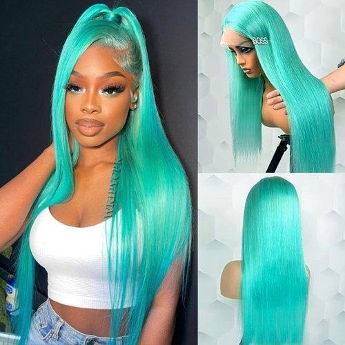 WKIPYCPK Blue Green Color Synthetic Lace Front Wigs for Fashion Women 24 Inch Long Silky Straight Hair Mint Green Wig 13x3 HD Lace Front Wigs Pre Plucked Hairline