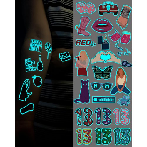 Onogola Glow In The Dark Temporary Tattoos for Fans Singer Music Birthday Party Favor Decorations, Luminous Number 13 Hand Face Album Tattoo Stickers, Concert Party Supplies Gift for Boys Girls Adul