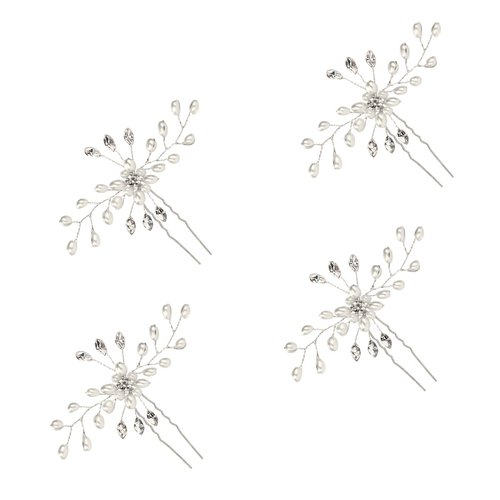 4 Pieces Pearl Crystal Bridal Hair Pins, Elegant Crystal Flower Shape Wedding Hairpin for Bridal Bridesmaid, Hair Piece Accessories for Women Girls