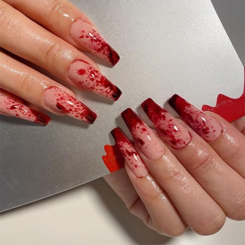 Halloween Press on Nails Long Coffin Fake Nails Horror Bloody Drop Full Cover Artificial Nails Designs Gothic Glue on Nails Red Blood Stick on Nails Square False Nails for Women Acrylic Nails 24Pcs